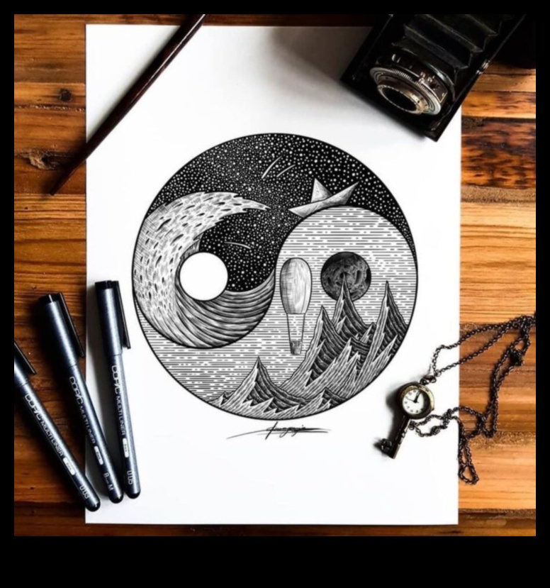 يين ويانغ للرسم بالأبيض والأسود 5 رسم الانسجام: تحقيق التوازن والوحدة باللونين الأبيض والأسود